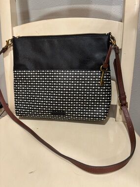 Fossil Crossbody Bag Black Leather Polka Dot Canvas Key Detail Purse